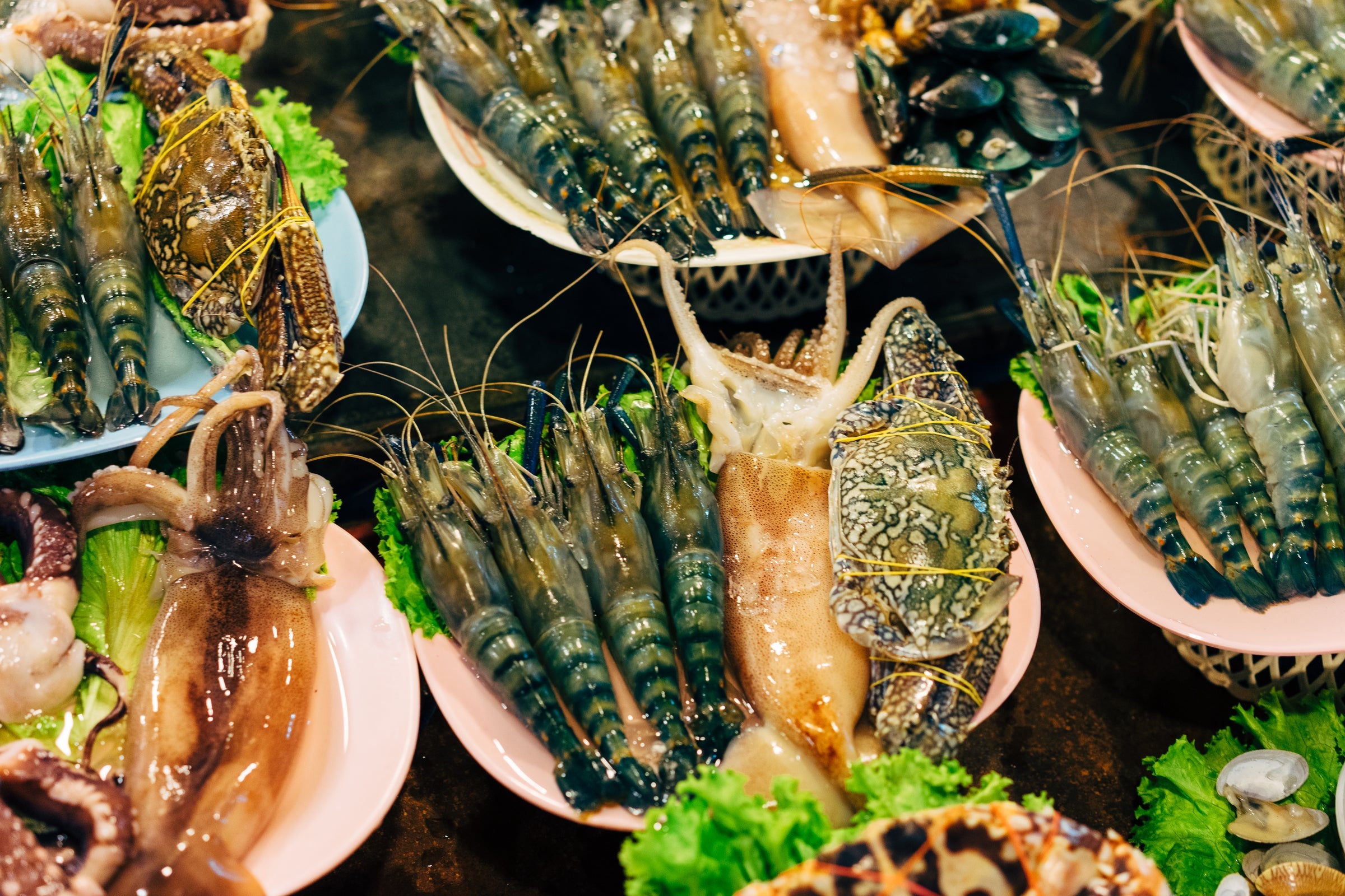 Fresh seafood arranged in bowls